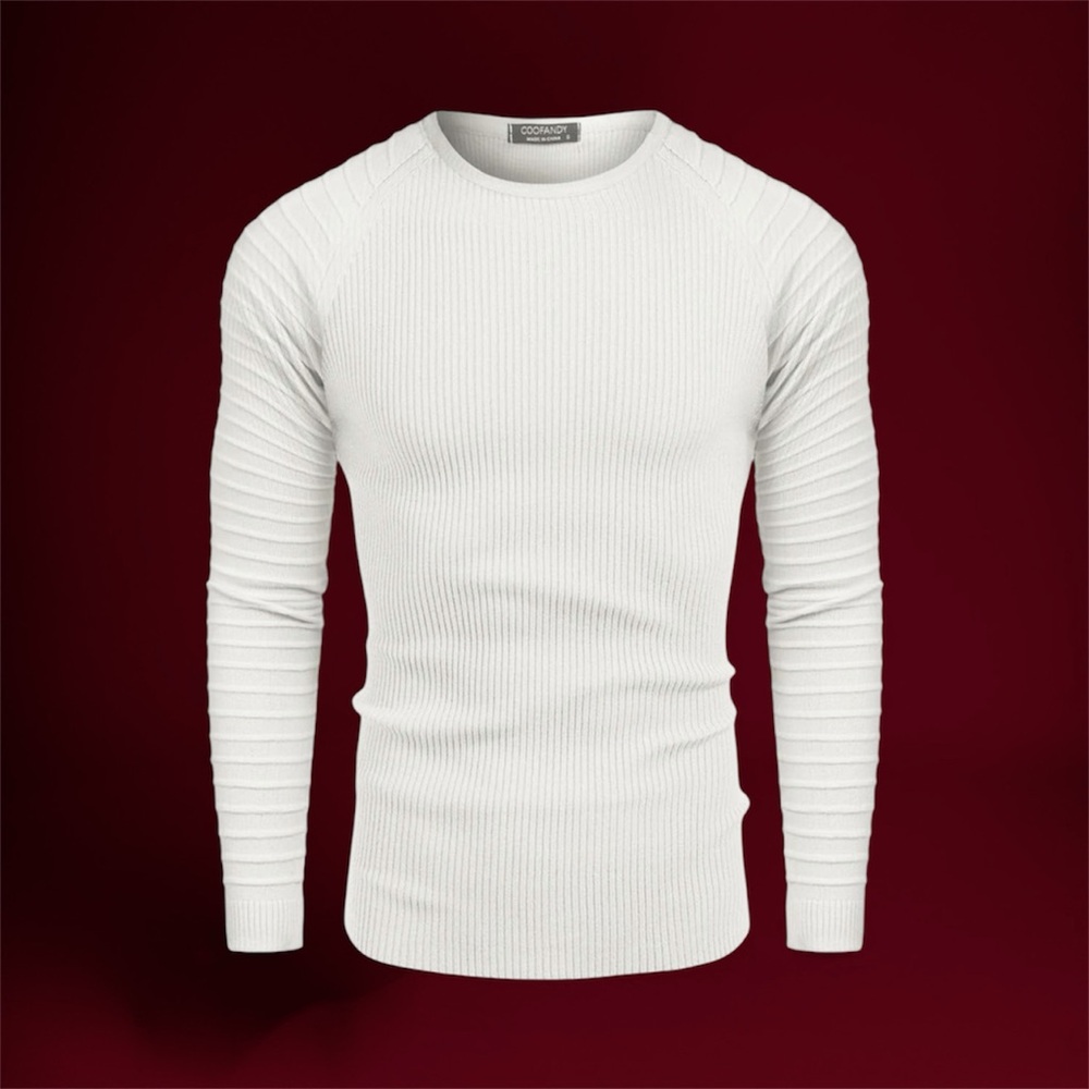 Coofandy White Ribbed Long Sleeve Sweater